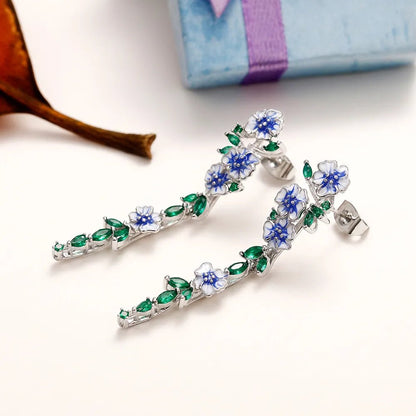 Glossy Blue Floral Dangling Earrings with Cubic Zirconia – Elegant Spring-Inspired Jewelry 5
