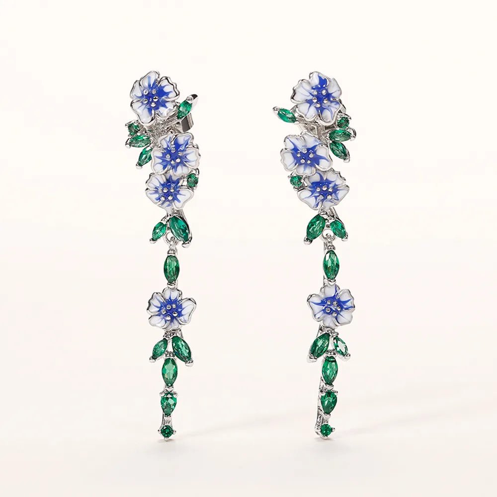 Glossy Blue Floral Dangling Earrings with Cubic Zirconia – Elegant Spring-Inspired Jewelry 6
