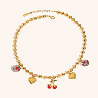 Gold Cherry Heart Necklace for Women – Waterproof, Hypoallergenic, Adjustable 16-Inch Chain with 2-Inch Extension 0