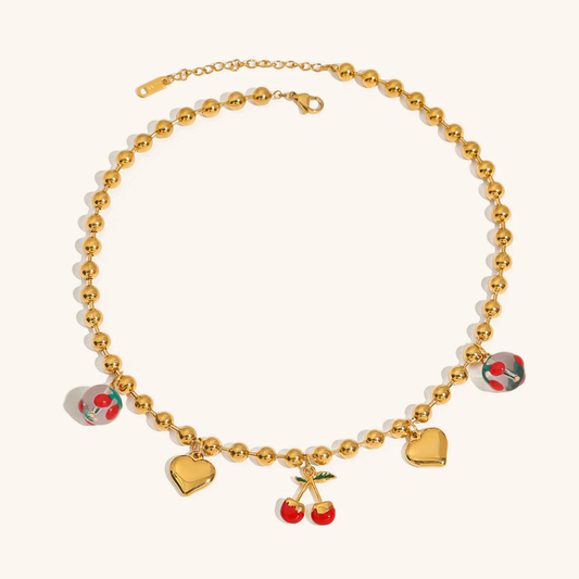 Gold Cherry Heart Necklace for Women – Waterproof, Hypoallergenic, Adjustable 16-Inch Chain with 2-Inch Extension 0