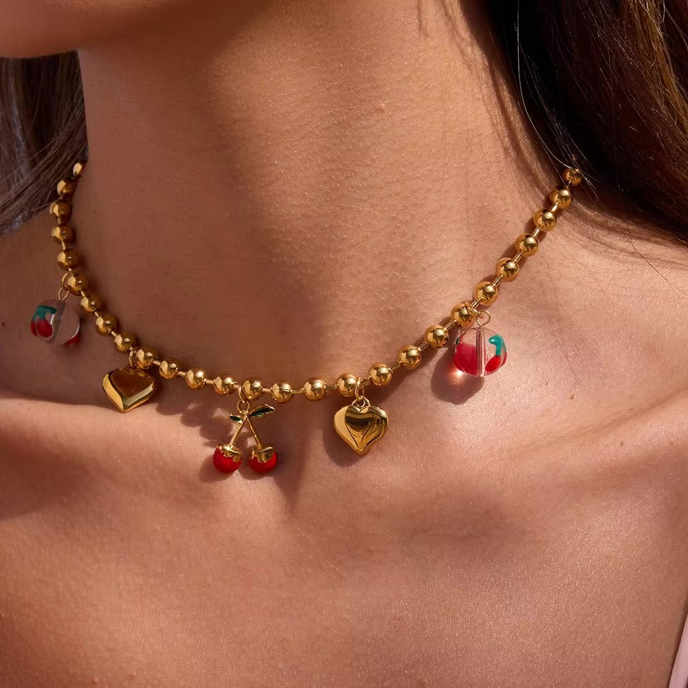 Gold Cherry Heart Necklace for Women – Waterproof, Hypoallergenic, Adjustable 16-Inch Chain with 2-Inch Extension 2