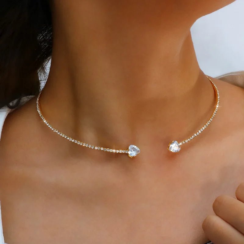 Gold Choker Necklace with Diamond Heart Design – Adjustable Open Cuff for Women, Elegant Statement Jewelry 0