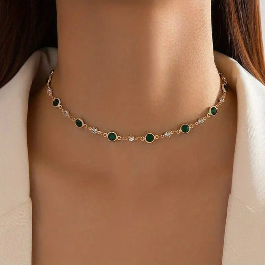 Gold Choker Necklace with Emerald and Diamond Accents – Dainty Stainless Steel Design with Extender