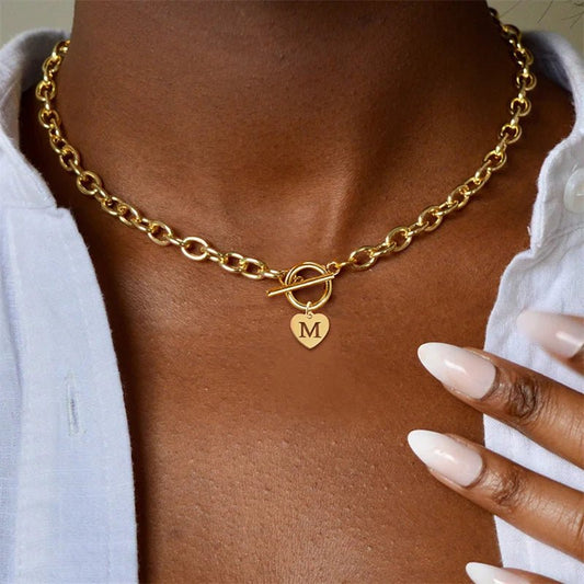 Gold Choker Necklace with Heart Initial Pendant – Personalized Paperclip Chain Jewelry for Women 0