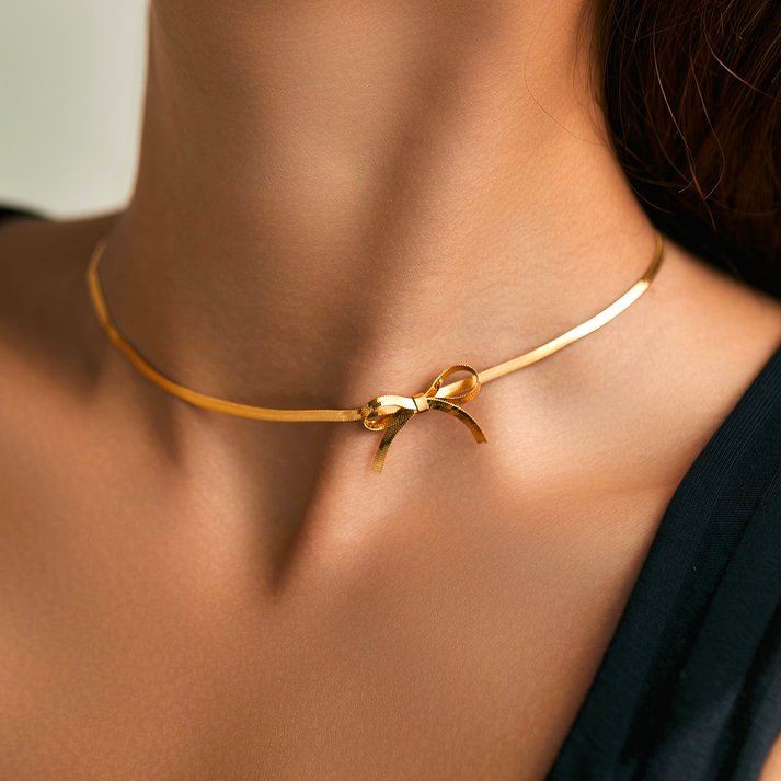 Gold Dainty Bow Necklace for Women – Elegant Stainless Steel Jewelry with Extender, Lightweight and Stylish 0