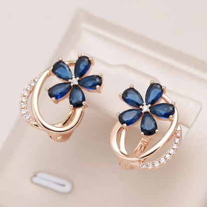 Gold Floral Earrings for Women with Blue Zircon Crystals – Elegant Five-Petal Design 0