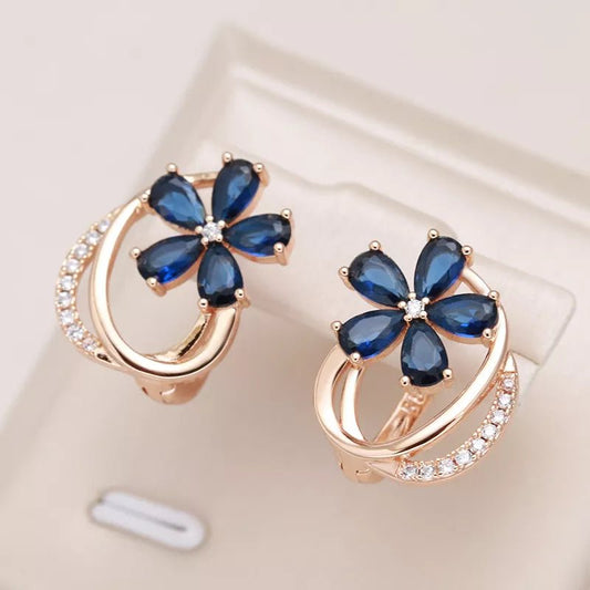 Gold Floral Earrings for Women with Blue Zircon Crystals – Elegant Five-Petal Design 0