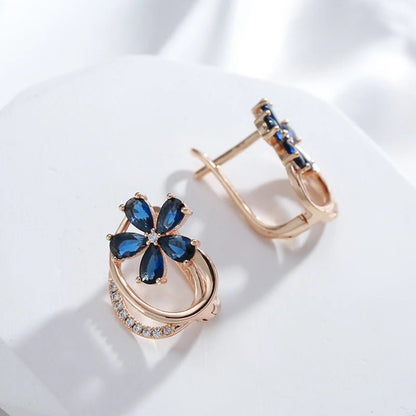 Gold Floral Earrings for Women with Blue Zircon Crystals – Elegant Five-Petal Design 2