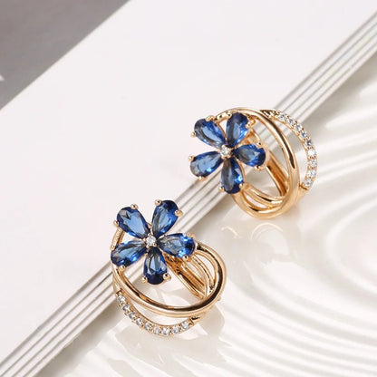 Gold Floral Earrings for Women with Blue Zircon Crystals – Elegant Five-Petal Design 3