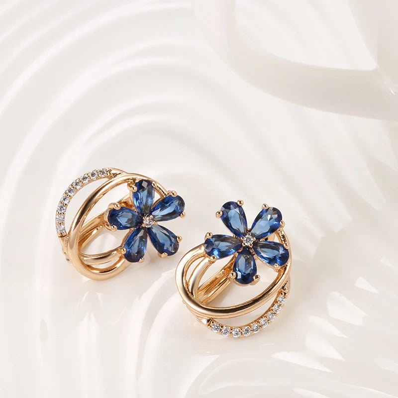 Gold Floral Earrings for Women with Blue Zircon Crystals – Elegant Five-Petal Design 4