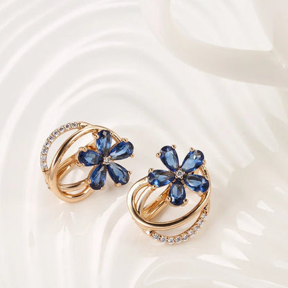 Gold Floral Earrings for Women with Blue Zircon Crystals – Elegant Five-Petal Design 4