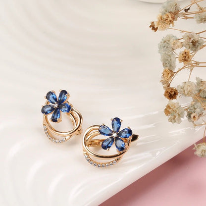 Gold Floral Earrings for Women with Blue Zircon Crystals – Elegant Five-Petal Design 5