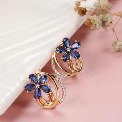 Gold Floral Earrings for Women with Blue Zircon Crystals – Elegant Five-Petal Design 6