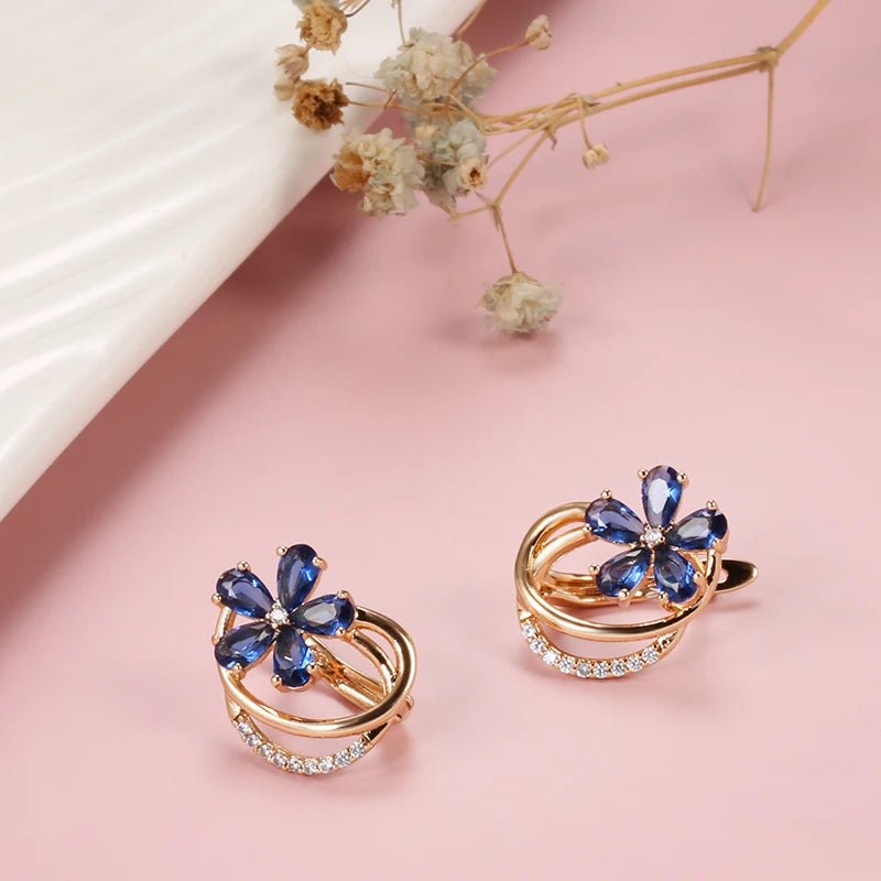 Gold Floral Earrings for Women with Blue Zircon Crystals – Elegant Five-Petal Design 7
