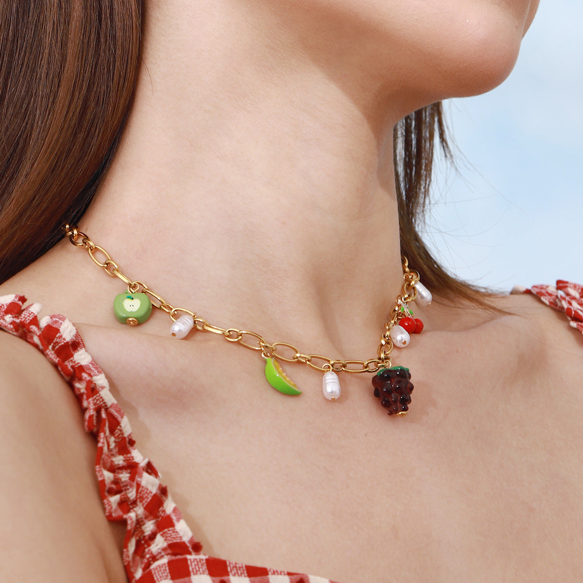 Gold Fruit Charm Necklace with Freshwater Pearls – Waterproof and Hypoallergenic 2