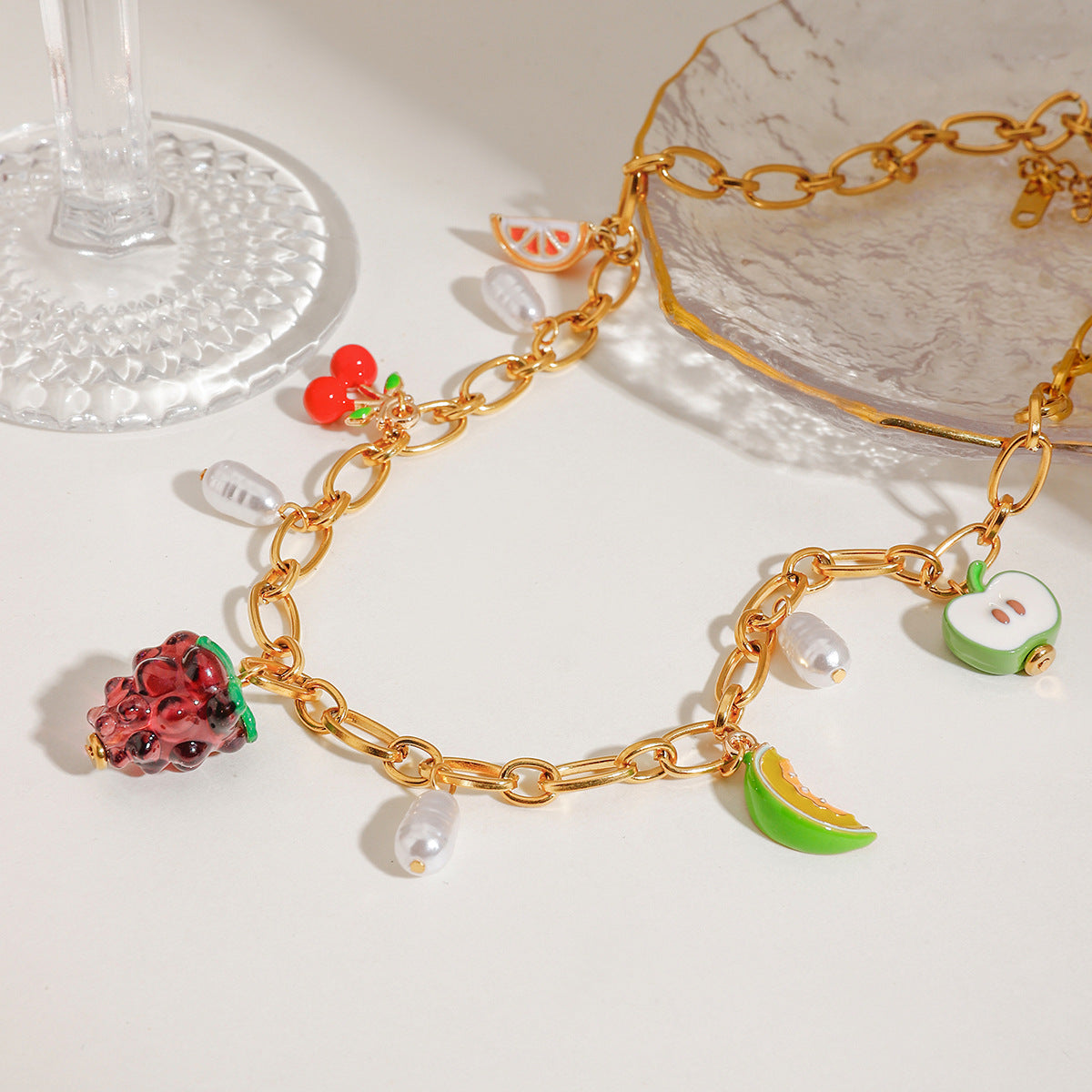 Gold Fruit Charm Necklace with Freshwater Pearls – Waterproof and Hypoallergenic 3