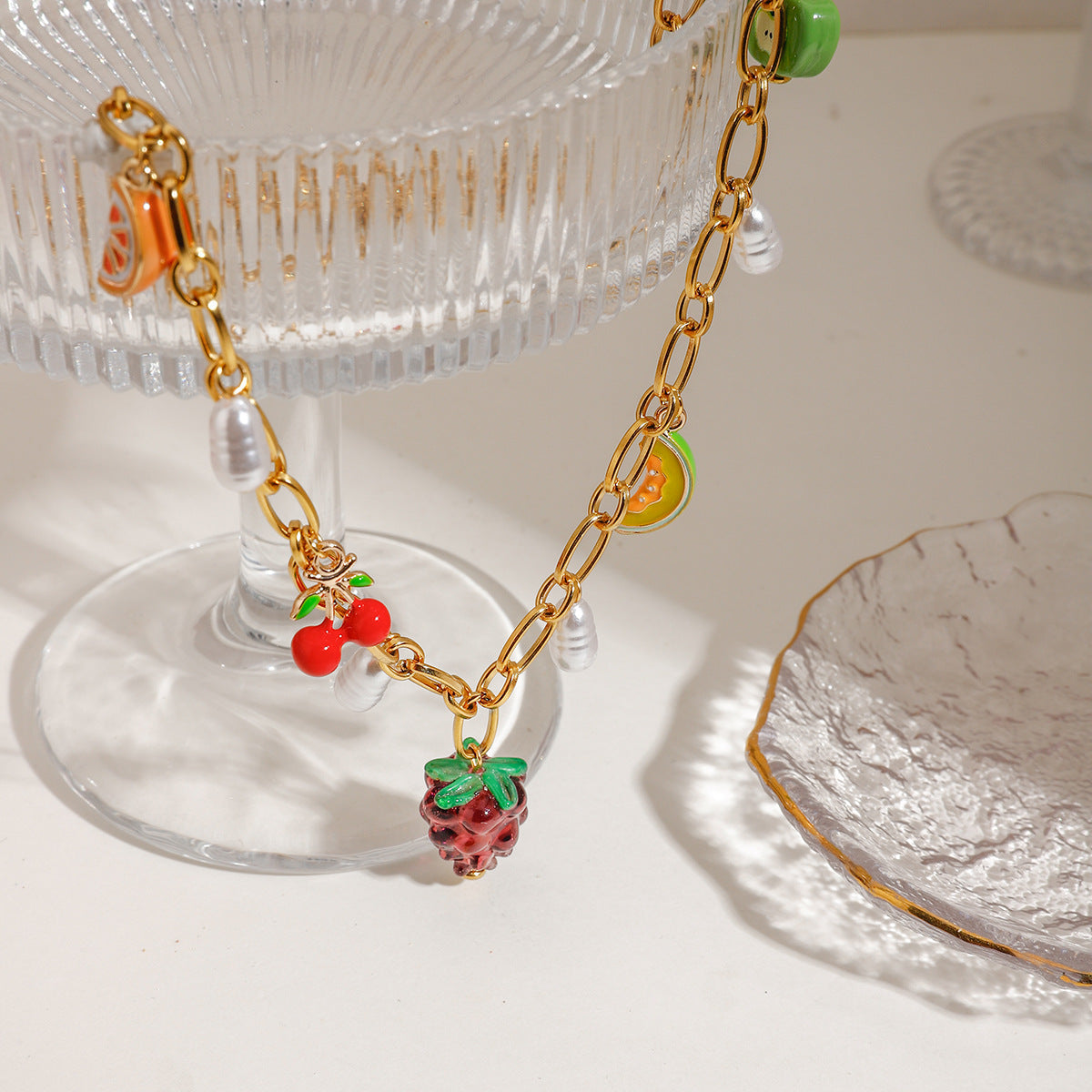 Gold Fruit Charm Necklace with Freshwater Pearls – Waterproof and Hypoallergenic 4