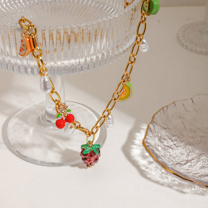 Gold Fruit Charm Necklace with Freshwater Pearls – Waterproof and Hypoallergenic 4