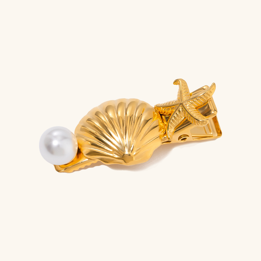 Gold Hair Clip with Freshwater Pearl and Seashell Design – Hypoallergenic, Waterproof, Ocean-Inspired Women's Hair Accessory 0