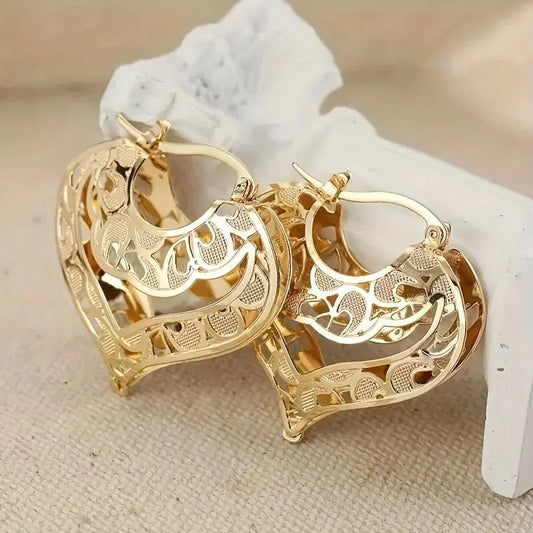 Gold Heart Earrings for Women – Intricate Open Design, Lightweight and Elegant Carvings 0