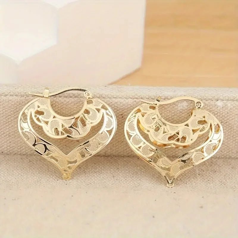 Gold Heart Earrings for Women – Intricate Open Design, Lightweight and Elegant Carvings 2