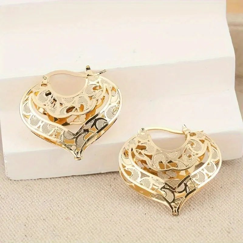 Gold Heart Earrings for Women – Intricate Open Design, Lightweight and Elegant Carvings 3