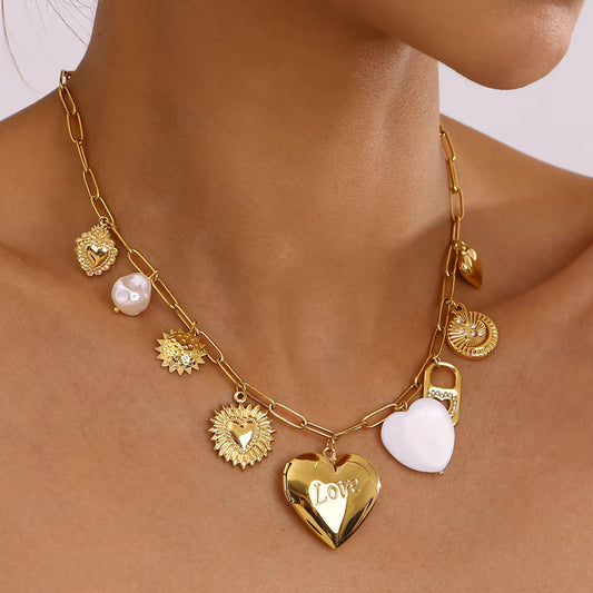 Gold Heart Locket Necklace with Freshwater Pearls on Paperclip Chain – Hypoallergenic and Waterproof Jewelry for Women 1