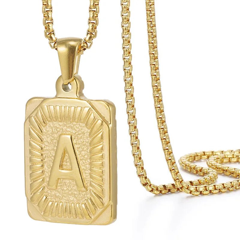 Gold Initial Necklace with Textured Rectangle Pendant – Personalized Stainless Steel Jewelry for Women
