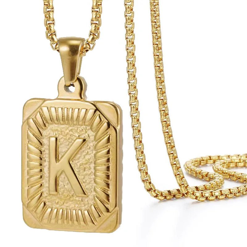 Gold Initial Necklace with Textured Rectangle Pendant – Personalized Stainless Steel Jewelry for Women