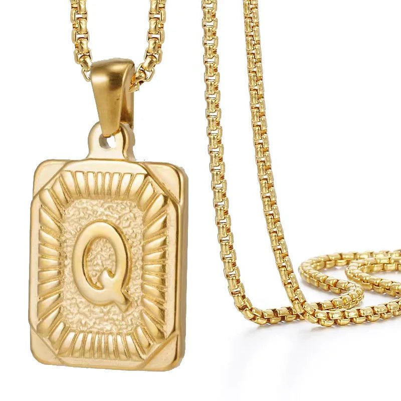 Gold Initial Necklace with Textured Rectangle Pendant – Personalized Stainless Steel Jewelry for Women