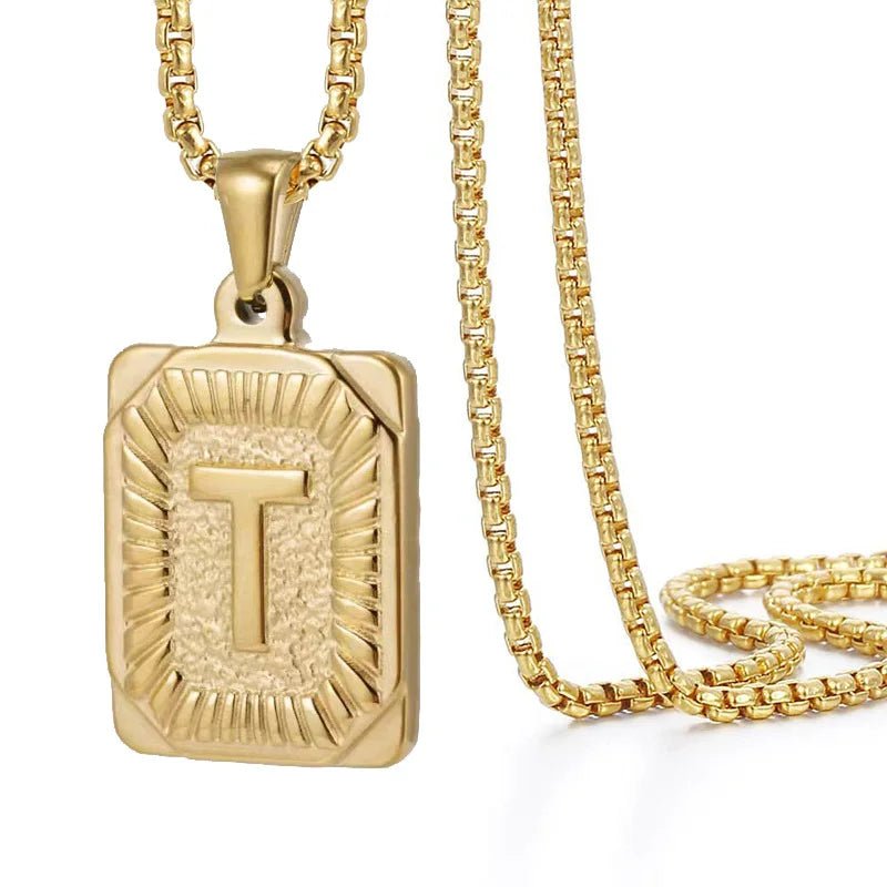 Gold Initial Necklace with Textured Rectangle Pendant – Personalized Stainless Steel Jewelry for Women