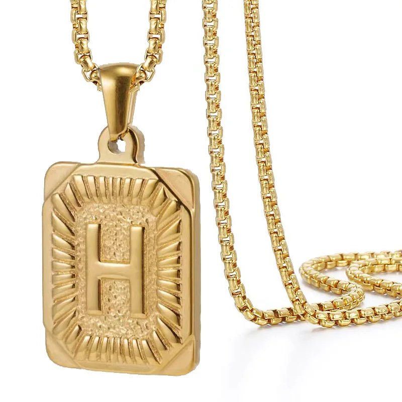 Gold Initial Necklace with Textured Rectangle Pendant – Personalized Stainless Steel Jewelry for Women
