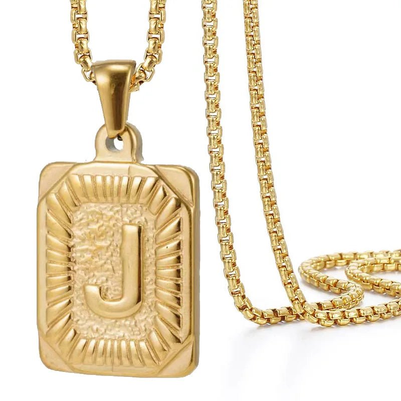 Gold Initial Necklace with Textured Rectangle Pendant – Personalized Stainless Steel Jewelry for Women