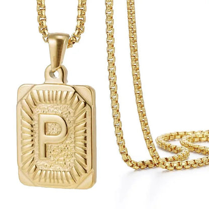 Gold Initial Necklace with Textured Rectangle Pendant – Personalized Stainless Steel Jewelry for Women