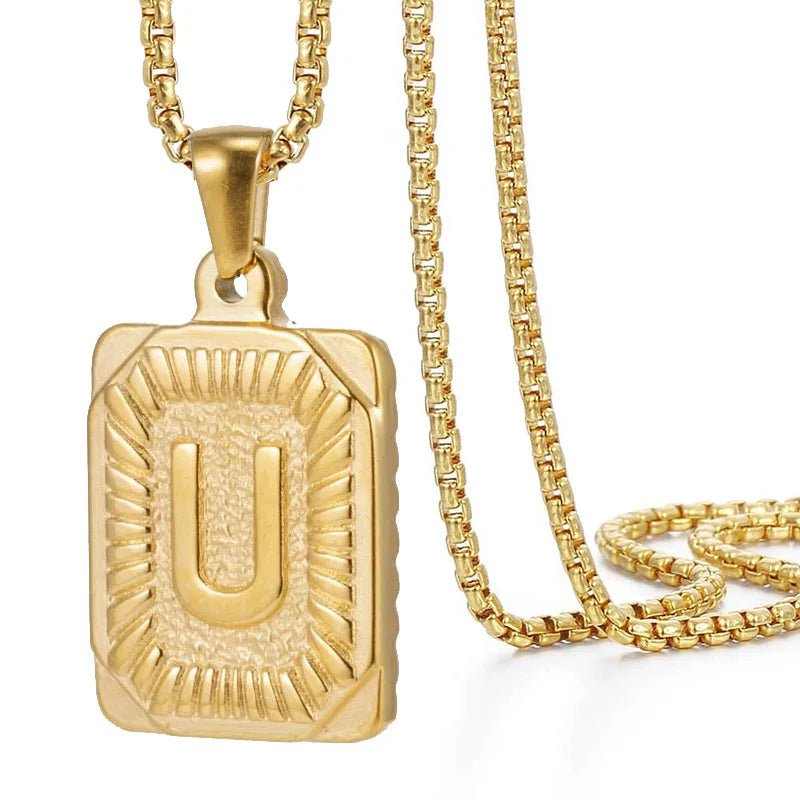 Gold Initial Necklace with Textured Rectangle Pendant – Personalized Stainless Steel Jewelry for Women