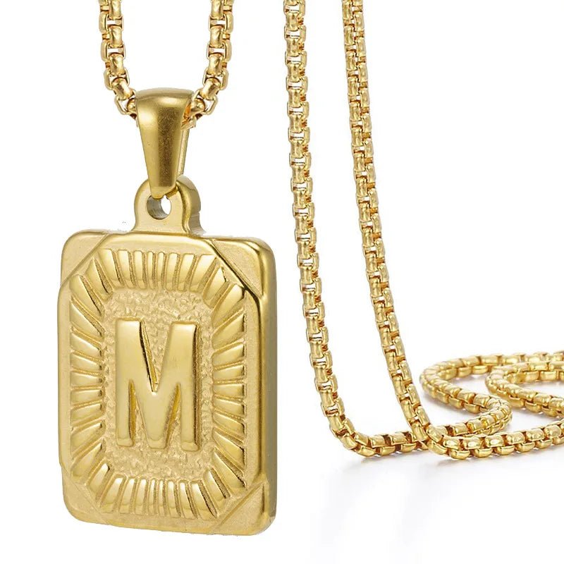 Gold Initial Necklace with Textured Rectangle Pendant – Personalized Stainless Steel Jewelry for Women