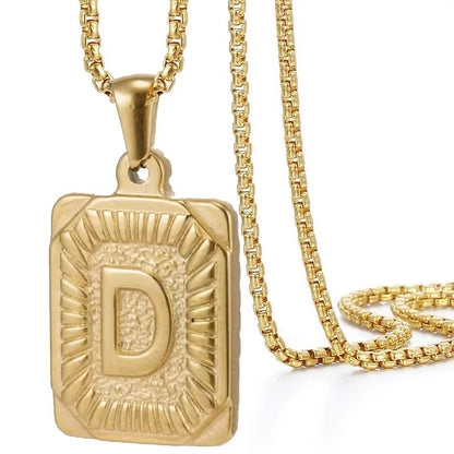 Gold Initial Necklace with Textured Rectangle Pendant – Personalized Stainless Steel Jewelry for Women