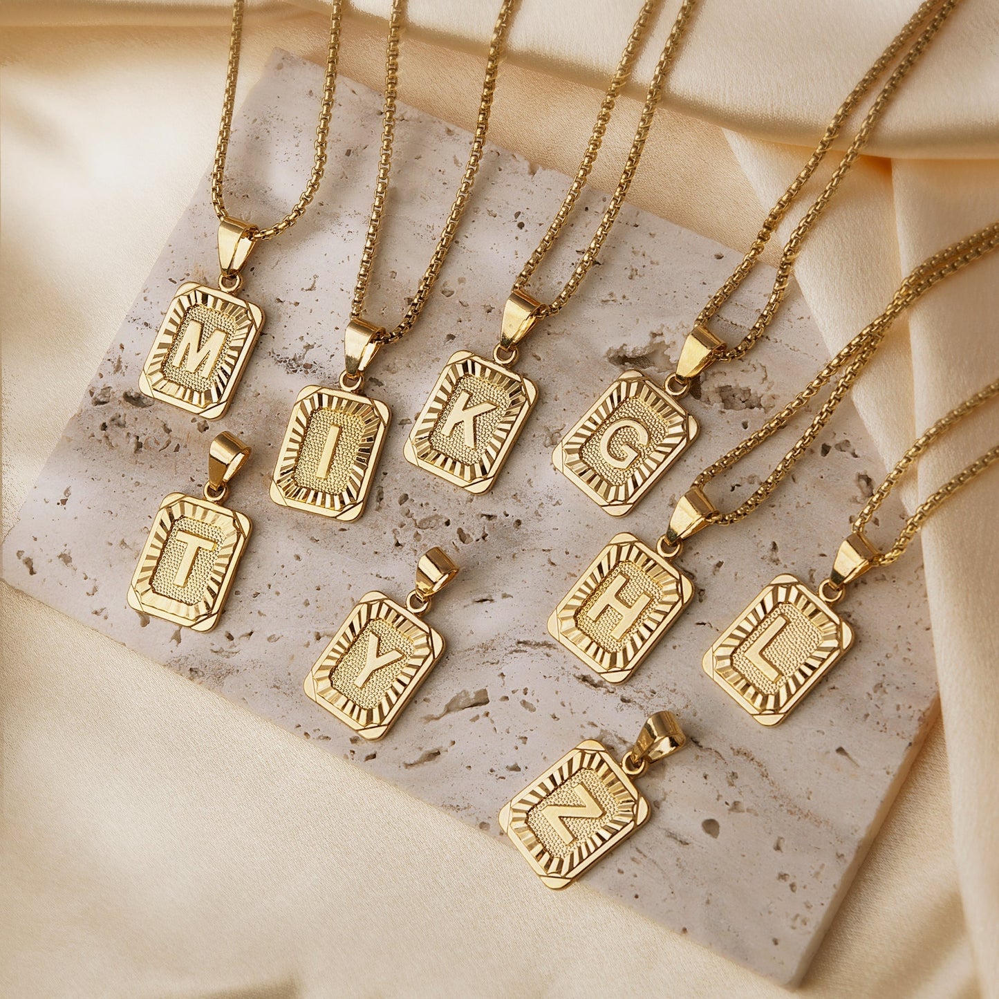 Gold Initial Necklace with Textured Rectangle Pendant – Personalized Stainless Steel Jewelry for Women
