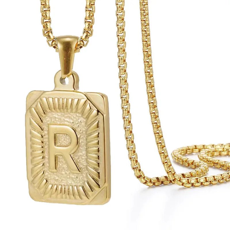 Gold Initial Necklace with Textured Rectangle Pendant – Personalized Stainless Steel Jewelry for Women