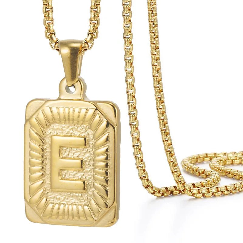 Gold Initial Necklace with Textured Rectangle Pendant – Personalized Stainless Steel Jewelry for Women