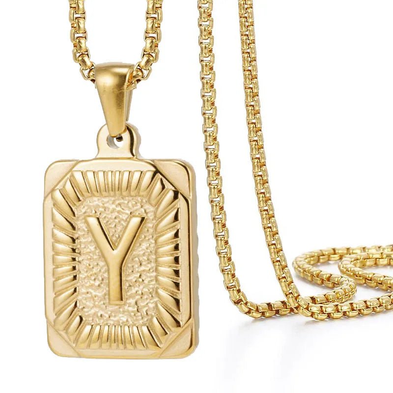 Gold Initial Necklace with Textured Rectangle Pendant – Personalized Stainless Steel Jewelry for Women