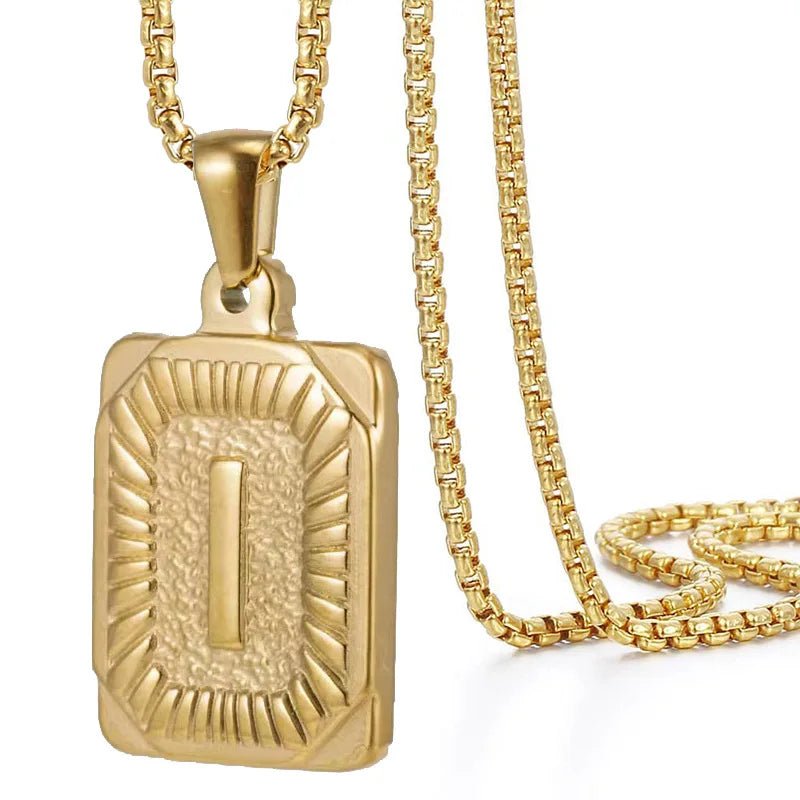 Gold Initial Necklace with Textured Rectangle Pendant – Personalized Stainless Steel Jewelry for Women