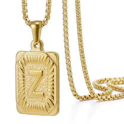 Gold Initial Necklace with Textured Rectangle Pendant – Personalized Stainless Steel Jewelry for Women
