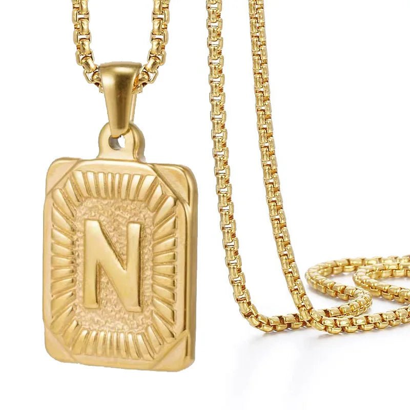 Gold Initial Necklace with Textured Rectangle Pendant – Personalized Stainless Steel Jewelry for Women