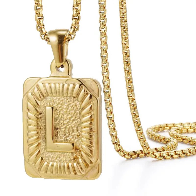 Gold Initial Necklace with Textured Rectangle Pendant – Personalized Stainless Steel Jewelry for Women