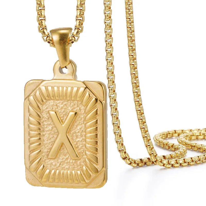 Gold Initial Necklace with Textured Rectangle Pendant – Personalized Stainless Steel Jewelry for Women