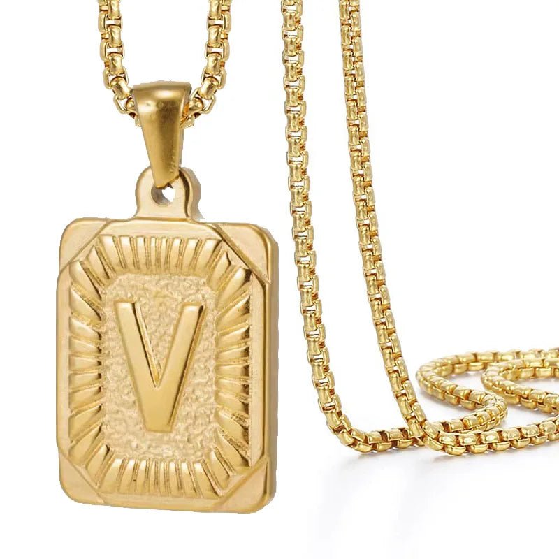 Gold Initial Necklace with Textured Rectangle Pendant – Personalized Stainless Steel Jewelry for Women