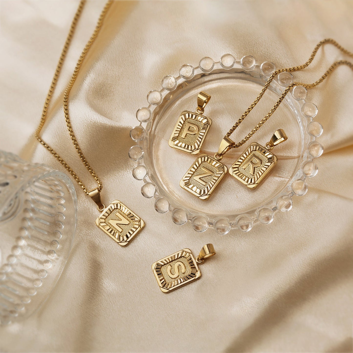 Gold Initial Necklace with Textured Rectangle Pendant – Personalized Stainless Steel Jewelry for Women