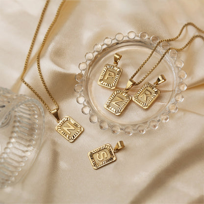 Gold Initial Necklace with Textured Rectangle Pendant – Personalized Stainless Steel Jewelry for Women