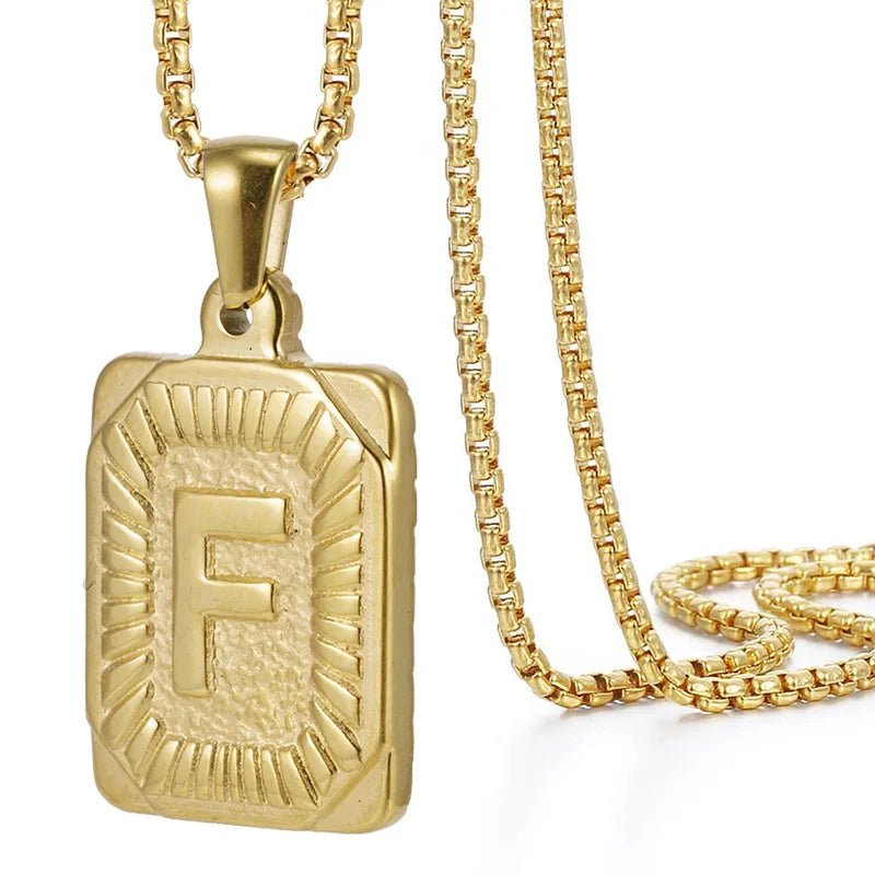 Gold Initial Necklace with Textured Rectangle Pendant – Personalized Stainless Steel Jewelry for Women
